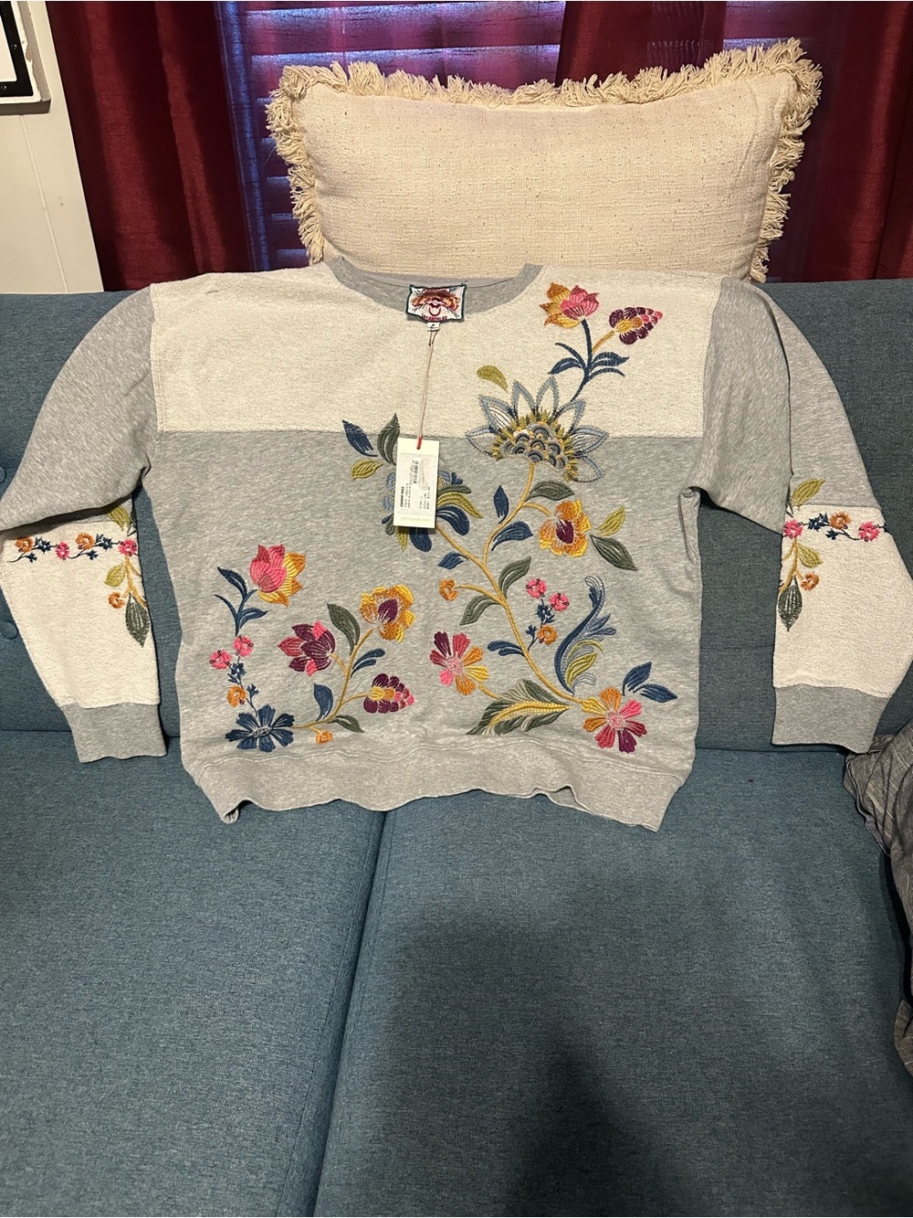 Johnny Was Gray Pullover with Multicolor Floral Embroidery